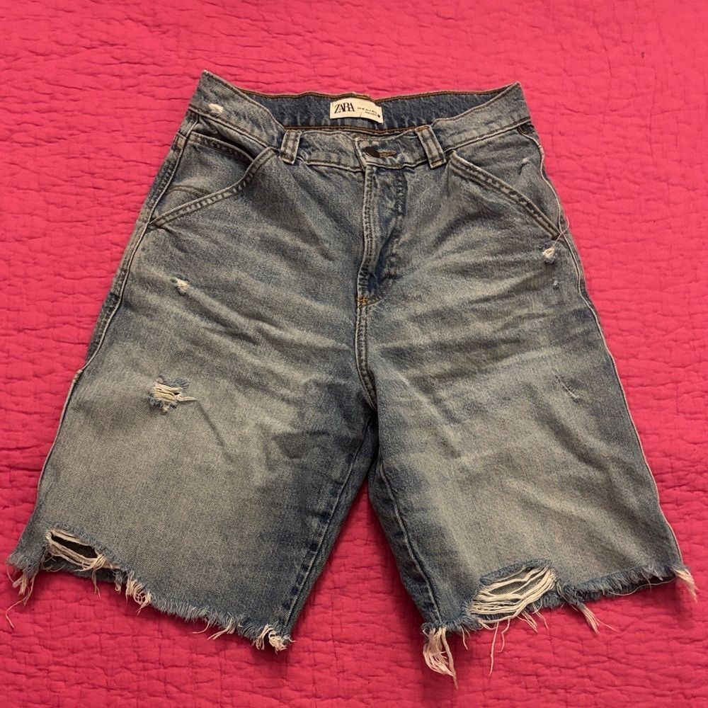 Zara Blue Distressed Denim Bermuda Shorts, US4